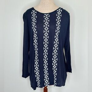 Lucky Brand Boho Blue and White Embroidered Long Sleeve Top Size 1X